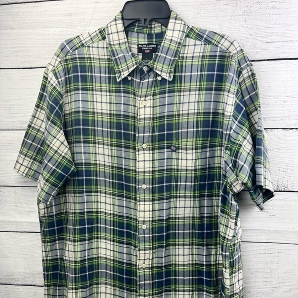 Polo Jeans Company Ralph Lauren Blue Green Plaid Size‎ Large  Short Sleeve Shirt